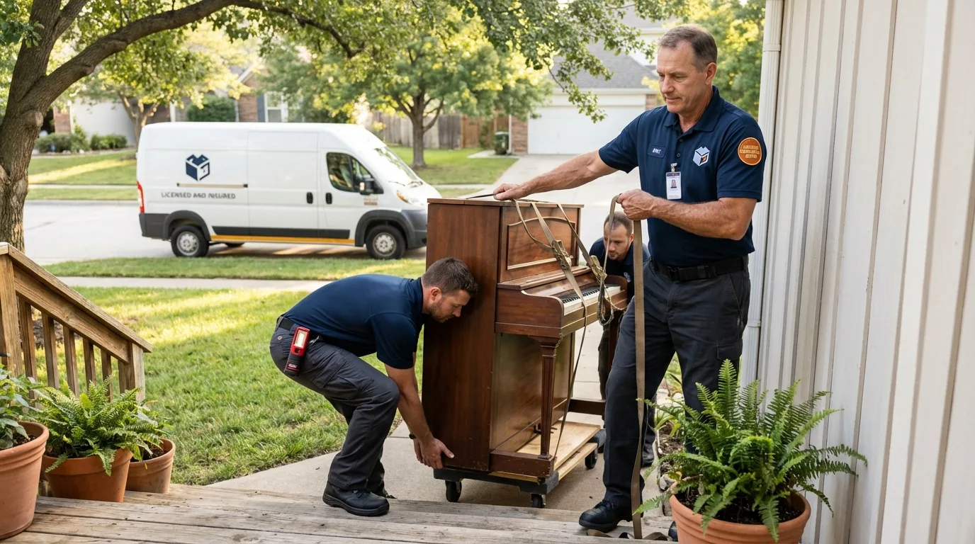 Licensed piano movers securing grand piano in Wautoma, WI