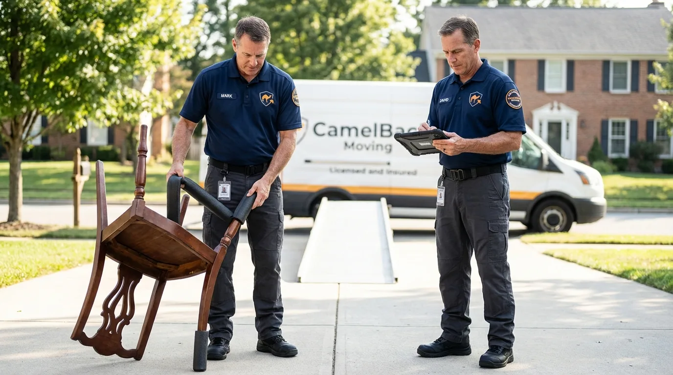 Movers inspecting furniture for damage prevention before loading in Wautoma, WI